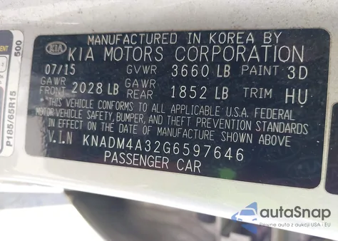 2016 Kia Rio Lx из США, поврежденный, VIN KNADM4A32G6597646